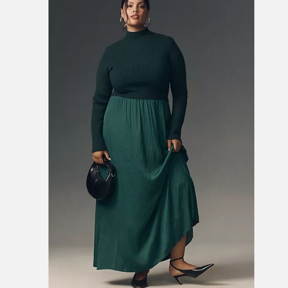 Anthropologie The Thea Twofer Sweater Dress Mock Turtle Neck Holly Green 2X NWT